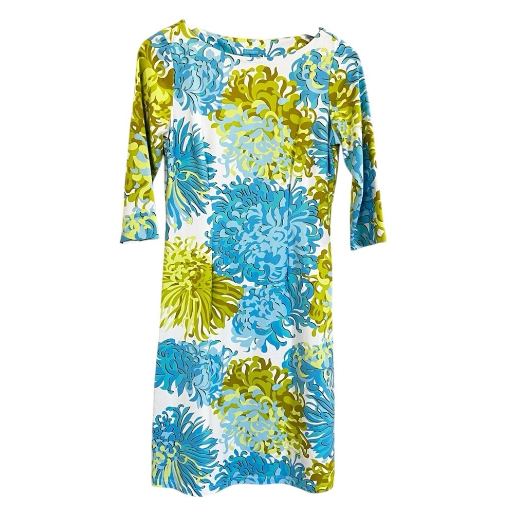 J. McLaughlin Teal and Lime Green Quarter Sleeve Ride Ruched Knee Length Dress S
